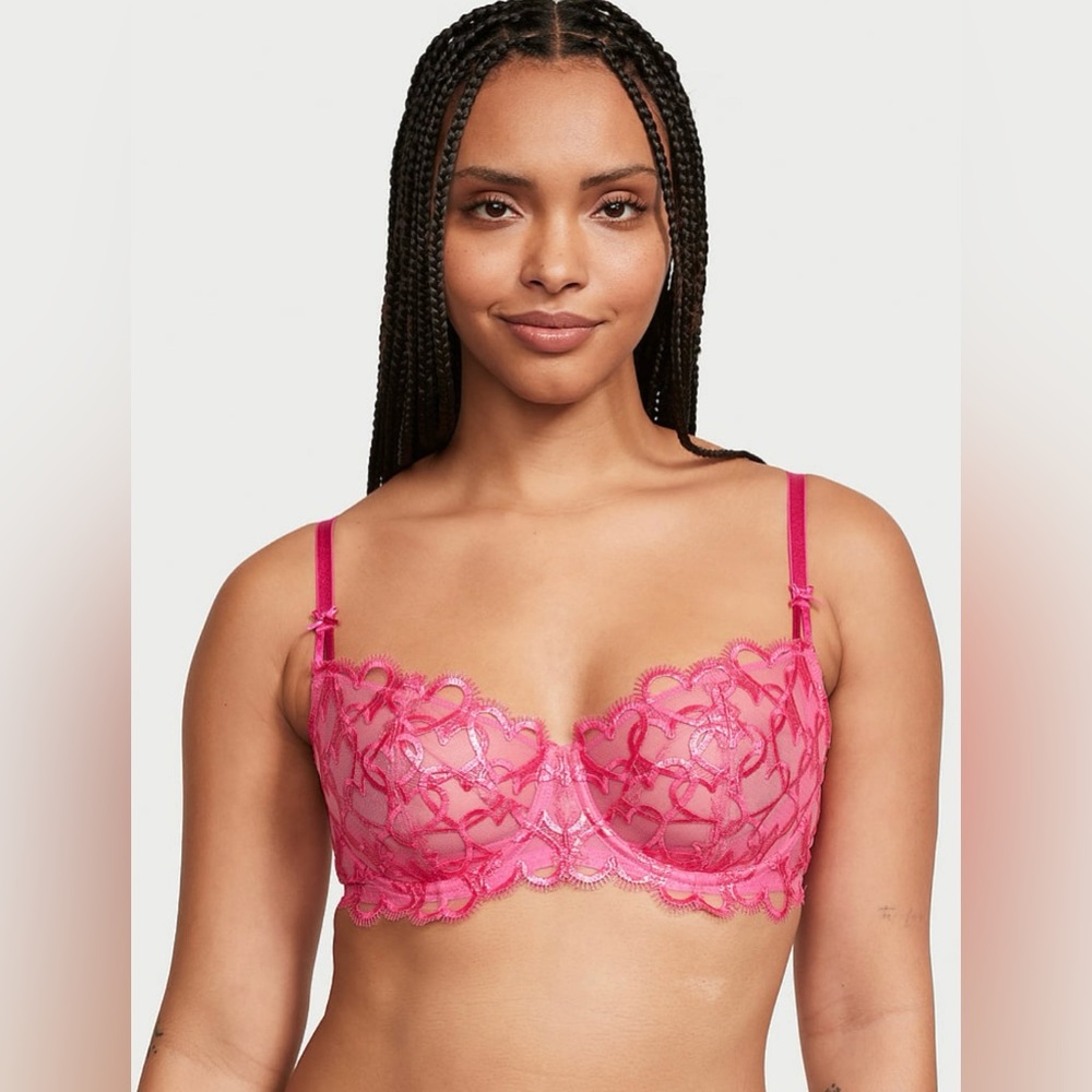 NWT VS Dream Angels Wicked Shimmer Heart Embroidery Unlined Balconette Bra - 34C